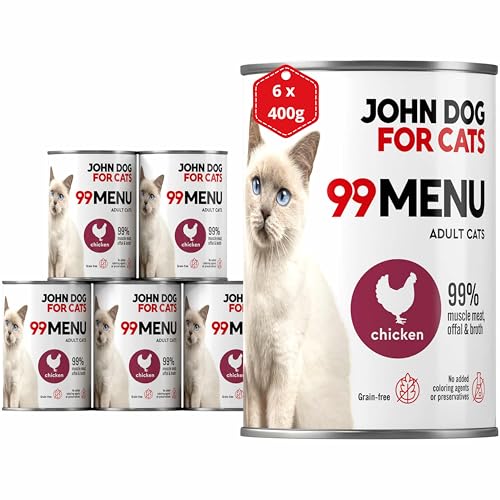 Katzennassfutter ohne Zucker und Getreide - Huhn - Katzenfutter Nass mit 99% Fleischanteil - Nassfutter mit 100% frischen Zutaten für ausgewachsene Katzen - John Dog for Cats 99 MENU - 400g x 6 von JOHN DOG