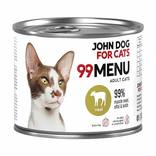 Katzennassfutter ohne Zucker und Getreide - Kalb & Huhn - Katzenfutter Nass mit 99% Fleischanteil - Nassfutter mit 100% frischen Zutaten für ausgewachsene Katzen - John Dog for Cats 99 MENU - 200g von JOHN DOG