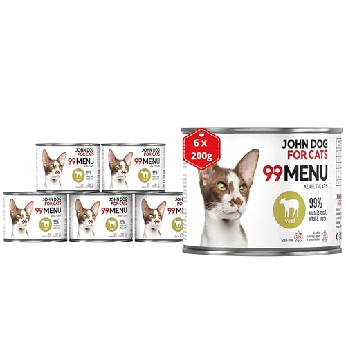Katzennassfutter ohne Zucker und Getreide - Kalb & Huhn - Katzenfutter Nass mit 99% Fleischanteil - Nassfutter mit 100% frischen Zutaten für ausgewachsene Katzen - John Dog for Cats 99 MENU - 200g x 6 von JOHN DOG