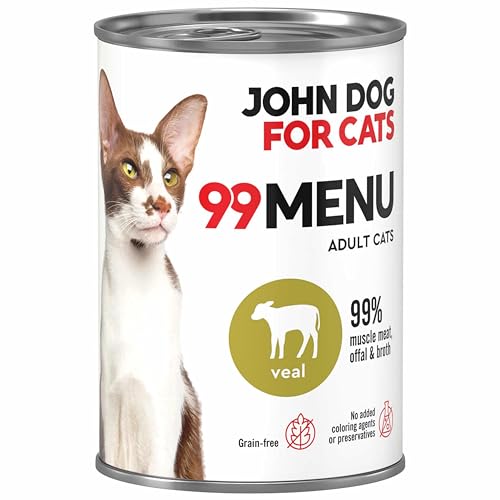 Katzennassfutter ohne Zucker und Getreide - Kalb & Huhn - Katzenfutter Nass mit 99% Fleischanteil - Nassfutter mit 100% frischen Zutaten für ausgewachsene Katzen - John Dog for Cats 99 MENU - 400g von JOHN DOG