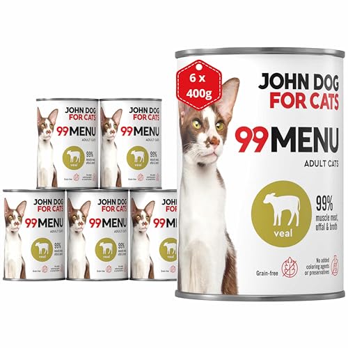 Katzennassfutter ohne Zucker und Getreide - Kalb & Huhn - Katzenfutter Nass mit 99% Fleischanteil - Nassfutter mit 100% frischen Zutaten für ausgewachsene Katzen - John Dog for Cats 99 MENU - 400g x 6 von JOHN DOG