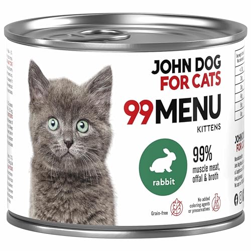 Katzennassfutter ohne Zucker und Getreide - Kaninchen & Huhn - Katzenfutter Nass mit 99% Fleischanteil - Nassfutter mit 100% frischen Zutaten für Kätzchen - John Dog for Cats 99 MENU - 200g von JOHN DOG