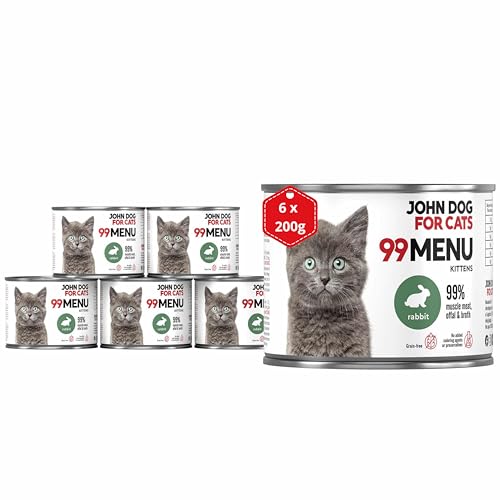 Katzennassfutter ohne Zucker und Getreide - Kaninchen & Huhn - Katzenfutter Nass mit 99% Fleischanteil - Nassfutter mit 100% frischen Zutaten für Kätzchen - John Dog for Cats 99 MENU - 200g x 6 von JOHN DOG