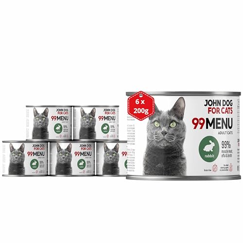 Katzennassfutter ohne Zucker und Getreide - Kaninchen & Huhn - Katzenfutter Nass mit 99% Fleischanteil - Nassfutter mit 100% frischen Zutaten für ausgewachsene Katzen - JD for Cats 99 MENU - 200g x 6 von JOHN DOG