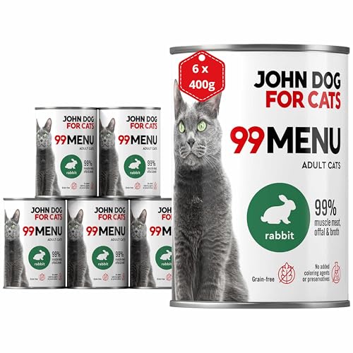 Katzennassfutter ohne Zucker und Getreide - Kaninchen & Huhn - Katzenfutter Nass mit 99% Fleischanteil - Nassfutter mit 100% frischen Zutaten für ausgewachsene Katzen - JD for Cats 99 MENU - 400g x 6 von JOHN DOG