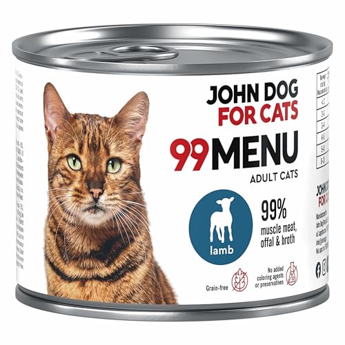 Katzennassfutter ohne Zucker und Getreide - Lamm & Huhn - Katzenfutter Nass mit 99% Fleischanteil - Nassfutter mit 100% frischen Zutaten für ausgewachsene Katzen - John Dog for Cats 99 MENU - 200g von JOHN DOG