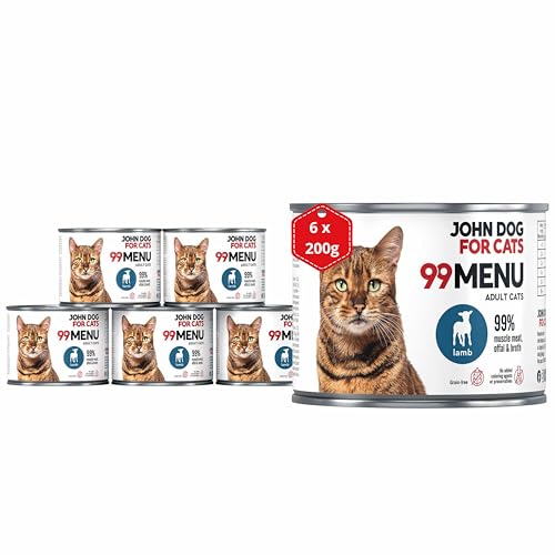 Katzennassfutter ohne Zucker und Getreide - Lamm & Huhn - Katzenfutter Nass mit 99% Fleischanteil - Nassfutter mit 100% frischen Zutaten für ausgewachsene Katzen - John Dog for Cats 99 MENU - 200g x 6 von JOHN DOG