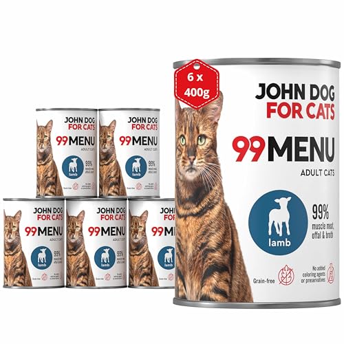 Katzennassfutter ohne Zucker und Getreide - Lamm & Huhn - Katzenfutter Nass mit 99% Fleischanteil - Nassfutter mit 100% frischen Zutaten für ausgewachsene Katzen - John Dog for Cats 99 MENU - 400g x 6 von JOHN DOG