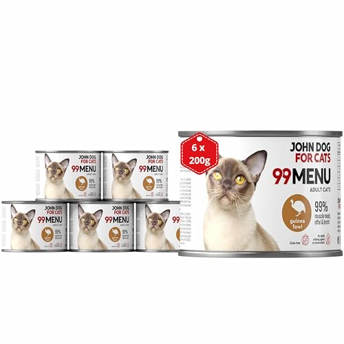 Katzennassfutter ohne Zucker und Getreide - Perlhuhn & Huhn - Katzenfutter Nass mit 99% Fleischanteil - Nassfutter mit 100% frischen Zutaten für ausgewachsene Katzen - JD for Cats 99 MENU - 200g x 6 von JOHN DOG