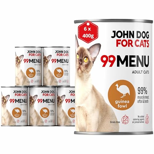 Katzennassfutter ohne Zucker und Getreide - Perlhuhn & Huhn - Katzenfutter Nass mit 99% Fleischanteil - Nassfutter mit 100% frischen Zutaten für ausgewachsene Katzen - JD for Cats 99 MENU - 400g x 6 von JOHN DOG