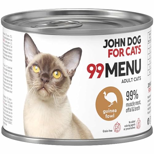 Katzennassfutter ohne Zucker und Getreide - Perlhuhn & Huhn - Katzenfutter Nass mit 99% Fleischanteil - Nassfutter mit 100% frischen Zutaten für ausgewachsene Katzen - John Dog for Cats 99 MENU - 200g von JOHN DOG