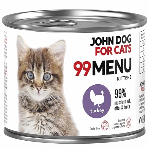 Katzennassfutter ohne Zucker und Getreide - Truthahn & Huhn - Katzenfutter Nass mit 99% Fleischanteil - Nassfutter mit 100% frischen Zutaten für Kätzchen - John Dog for Cats 99 MENU - 200g von JOHN DOG