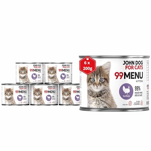 Katzennassfutter ohne Zucker und Getreide - Truthahn & Huhn - Katzenfutter Nass mit 99% Fleischanteil - Nassfutter mit 100% frischen Zutaten für Kätzchen - John Dog for Cats 99 MENU - 200g x 6 von JOHN DOG