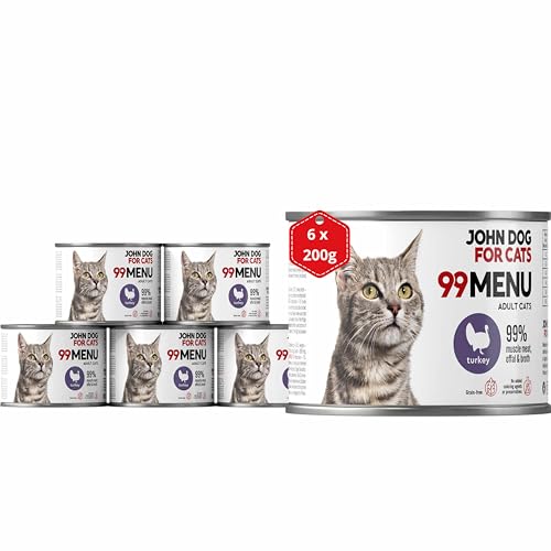 Katzennassfutter ohne Zucker und Getreide - Truthahn & Huhn - Katzenfutter Nass mit 99% Fleischanteil - Nassfutter mit 100% frischen Zutaten für ausgewachsene Katzen - JD for Cats 99 MENU - 200g x 6 von JOHN DOG