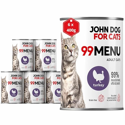 Katzennassfutter ohne Zucker und Getreide - Truthahn & Huhn - Katzenfutter Nass mit 99% Fleischanteil - Nassfutter mit 100% frischen Zutaten für ausgewachsene Katzen -JD for Cats 99 MENU - 400g x 6 von JOHN DOG