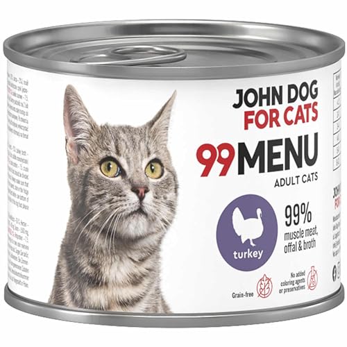 Katzennassfutter ohne Zucker und Getreide - Truthahn & Huhn - Katzenfutter Nass mit 99% Fleischanteil - Nassfutter mit 100% frischen Zutaten für ausgewachsene Katzen - John Dog for Cats 99 MENU - 200g von JOHN DOG