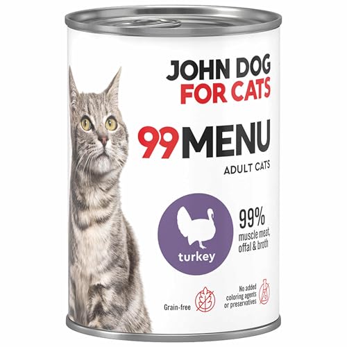 Katzennassfutter ohne Zucker und Getreide - Truthahn & Huhn - Katzenfutter Nass mit 99% Fleischanteil - Nassfutter mit 100% frischen Zutaten für ausgewachsene Katzen - John Dog for Cats 99 MENU - 400g von JOHN DOG