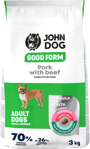 John Dog Hundefutter für Erwachsene Hunde, Trockenfutter für Hunde, Hundetrockenfutter, Tierfutter, Haustierfutter, Gultenfrei - Schweinefleisch mit Rindfleisch - 3kg von JOHN DOG