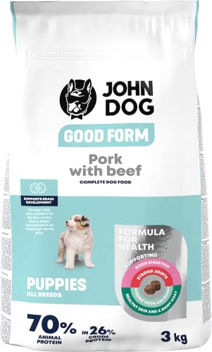 JOHN DOG Hundefutter für Welpen, Trockenfutter für Hunde, Hundetrockenfutter, Welpenfutter, Tierfutter, Haustierfutter, Gultenfrei - Schweinefleisch mit Rindfleisch - 3kg von JOHN DOG