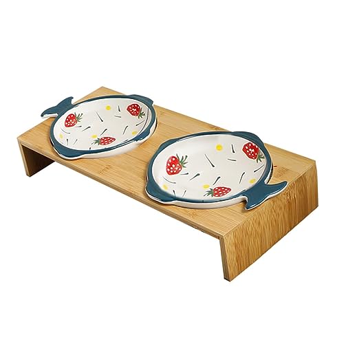 JOINPAYA 1Set Hand Bemalt Keramik Doppel Schüssel Haustier Wasser Feeder Katzenfutter Feeder Hundefutter Schüssel Bambus von JOINPAYA