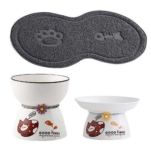 JOINPAYA Erhöhtes Teiliges Keramik Katzennapf mit Rutschfester Matte Ergonomisch Geneigte Futterschalen für Katzen Kätzchen und Welpen zur Unterstützung der Verdauung und Nackenentlastung von JOINPAYA