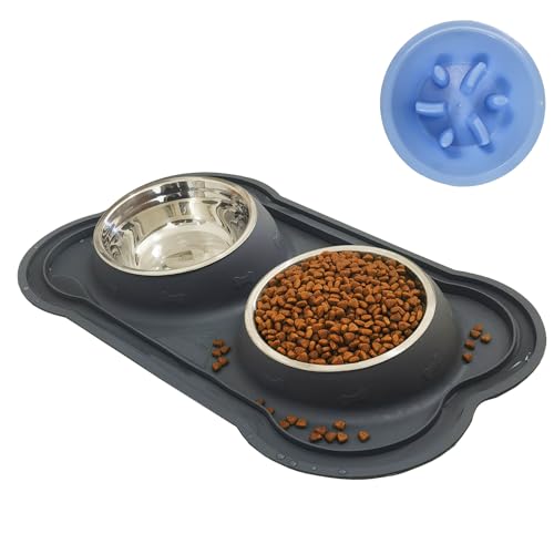 Hundenäpfe aus Edelstahl, langsames Fressnapf-Set mit Silikonmatte, 100 % wasserdicht, BPA-frei, Katzen- und Hundenapf, kein Verschütten und Rutschen für Haustiere, Wassernäpfe für Welpen, mittelgroße von JOJOPEPE