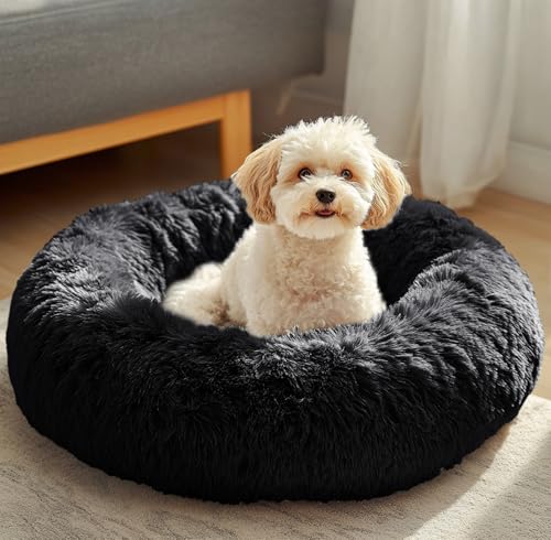 JOLLYVOGUE Beruhigendes Donut-Hundebett, Anti-Angstzustände, waschbar, rund, flauschig, kuschelig, weich, für kleine und mittelgroße Hunde (50,8 cm), Schwarz von JOLLYVOGUE
