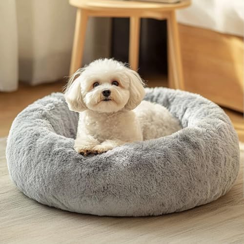 JOLLYVOGUE Beruhigendes Donut-Hundebett, Anti-Angstzustände, waschbar, rundes Bett, flauschiges Hunde- und Katzenkissen, für kleine und mittelgroße Hunde (61 cm) von JOLLYVOGUE