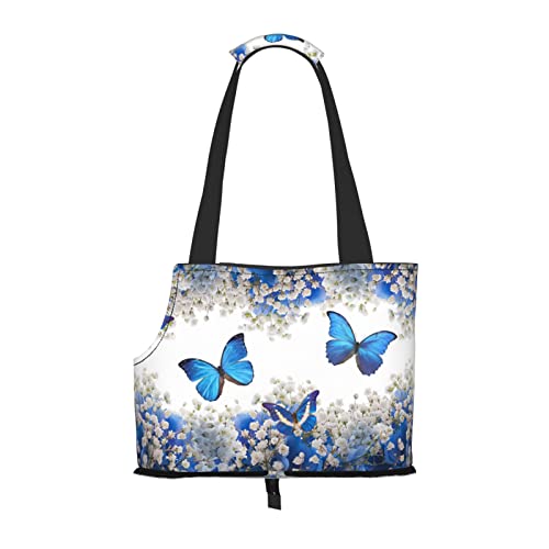 Tragbare faltbare Umhängetasche, blaue Schmetterlinge, weiße Blumen, bedruckt, ideale Wahl für kleine Haustierreisen von JONGYA
