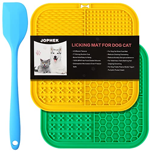 JOPHEK Hunde Leckmatte 4 Formen, 2 Stück Schleckmatte Katzen, Slow Feeder Hunde Treat Matte Leckpads, BPA Frei für Hundebaden, Trainieren, Fellpflege(Gelb + Grün) von JOPHEK