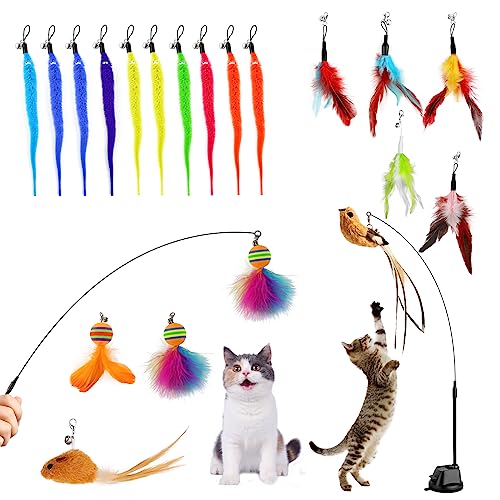 JOPHEK Interactive Cat Toy with Feathers, Katzenspielzeug Selbstbeschäftigung Katzenspielzeug Set with Color Caterpillar & Bird & Feather & Feather Bell Dangler (22P) von JOPHEK