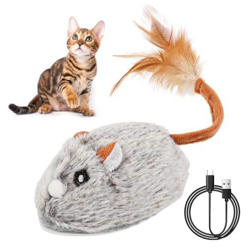 JOPHEK Katzenspielzeug Elektrisch Spielmaus, USB Wiederaufladbares Interaktive Spielzeug Maus mit Umzug Intelligente Elektrische Mäuse-Katzenspielzeuge mit Federschwanz(Grau) von JOPHEK