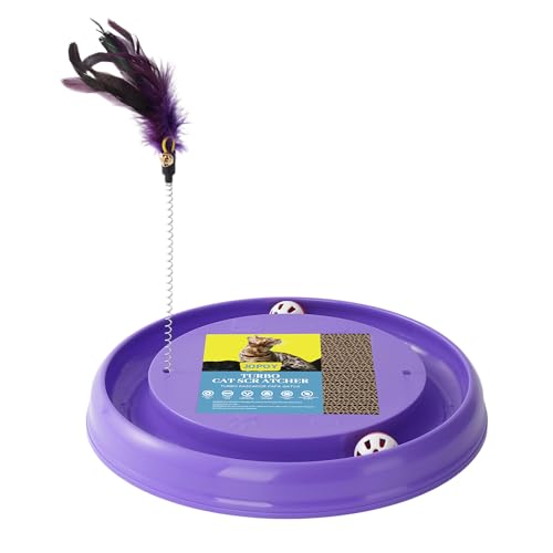 JOPOY Interaktiver Kratzbaum mit 2 selbstdrehenden Bällen und 1 interaktivem Kätzchen-Spielzeug, langlebiges Kratzpad für Indoor-Spiele, umweltfreundlich, graues Sisal, 2-in-1-Katzenspielzeug (lila) von JOPOY