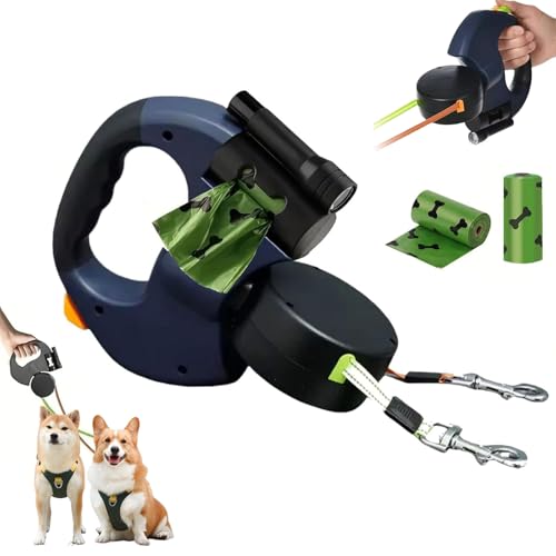 Doppelte einziehbare Hundeleine, 360° kein Verheddern, einziehbare Haustierleine, reflektierende Leine für 2 Hunde, mit LED-Licht und Kotbeutelhalter, Einhandbremse (Blau) von JOPWUE