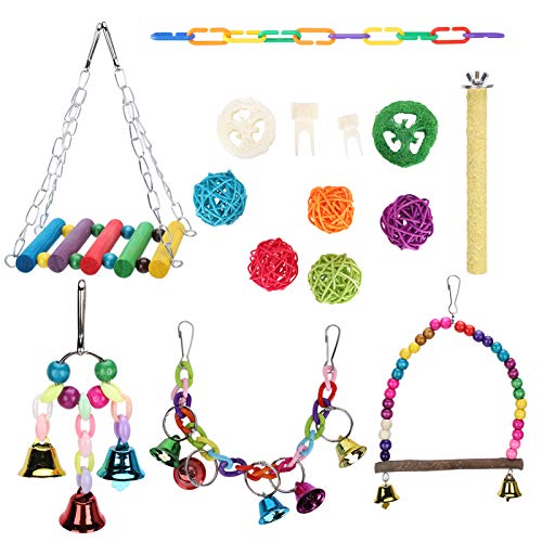 15-teiliges Papageien-Kauspielzeug-Set, Vogelkäfig-Hängematten-Schaukel-Glockenspielzeug, Vogel-Wellensittichkäfig-Schaukel, Bunte Kauspielzeuge für Kleine Papageien, Sittiche, von JOROBURO