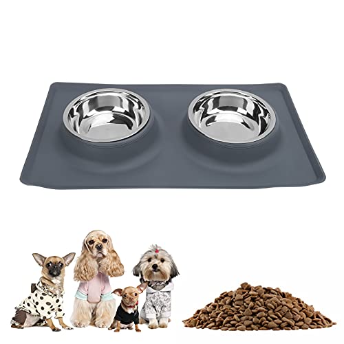 JOROBURO Hundefutternapf, Hundefutternäpfe, Edelstahl-Hundenäpfe mit Rutschfester Silikonmatte, Hundegeschirr, Hundenapf, Doppelnapf für Kleine, Mittelgroße Hunde und Katzen (Grau) von JOROBURO