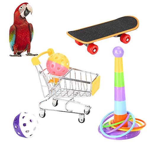 JOROBURO 4-teiliges Papageien-Spielzeug-Set, Papageien-Spielzeugball, Vogel-Skateboard, Papageien-Puzzle-Spielzeug, Vogel-Trainingsspielzeug, Papageien-Spielzeug, Mini-Einkaufswagen, von JOROBURO