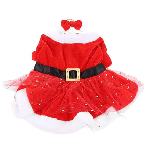 JOROBURO Haustier-Weihnachtskostüm, Lustige Süße Weihnachtsmann-Hundekatze-Weihnachtskleidung mit Schleifen-Kopfschmuck, Weihnachtsmann-Gaze-Kleid, Haustier-Weihnachtsoutfit für (L) von JOROBURO