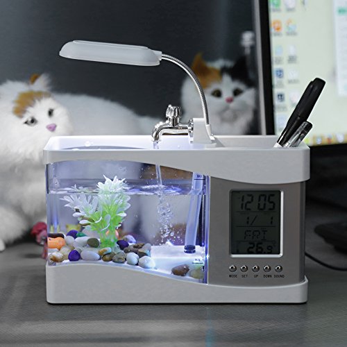 Mini-Aquarium, Multifunktionales USB-wiederaufladbares Mini-Aquarium mit Uhrfunktion, LED-Licht, Aquarium-Box, Kleines Betta-Aquarium, Reptilien-Futterbox für Büro, Zuhause(Weiß) von JOROBURO