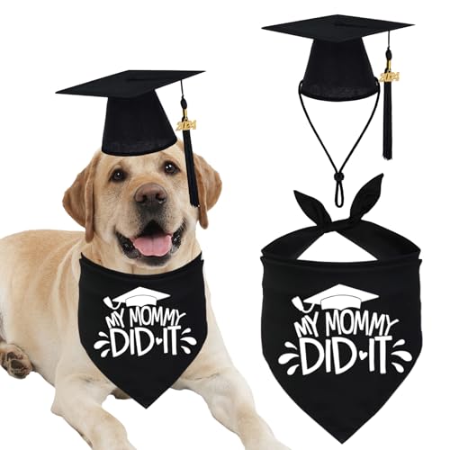JOTFA Hunde-Abschluss-Bandana und Hunde-Abschlusskappe mit 2023 schwarzer Quaste, Abschlusskappe, Bandana, Outfits, Geschenkzubehör (schwarz, Hunde-Abschlusskappe & My Mommy Did It) von JOTFA