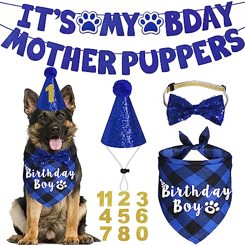 JOTFA Hunde-Geburtstagsparty-Zubehör, verschiedene Größen, Hunde-Geburtstagstuch, Fliege, Zahlen "It's My Bday Mother Puppers", Banner für große, extra große Hunde (XL, Blau) von JOTFA