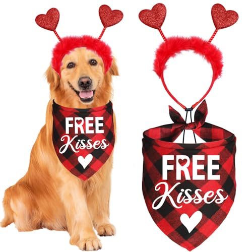 JOTFA Hundehalstücher für Valentinstag, Hunde-Outfits, Herz-Stirnband, Hunde-Valentinstags-Halstücher für kleine, mittelgroße und große Hunde (rot, kostenlose Küsse) von JOTFA