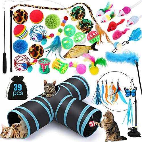 JOTOL Katzenspielzeug Set mit Katzentunnel,39pcs Katzen Spielzeug auch Bälle,Federspielzeug für Katzen,Plüschspielzeug,Spielzeugmäuse Katzen Spielzeug Variety Pack für Kitty Katzen von JOTOL