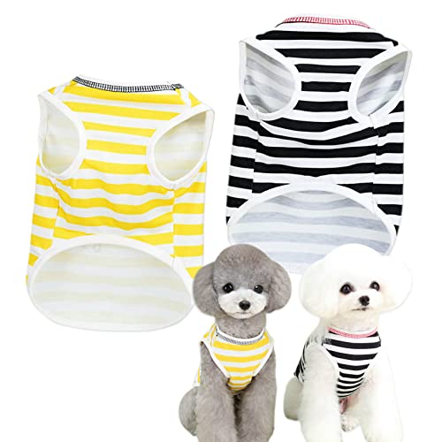 JOUHOI Gestreiftes Hunde-Shirt, weich, ärmellos, Welpen-T-Shirt, cool, atmungsaktiv, Haustier-T-Shirt, Kleidung, Katzen-T-Shirts für Hunde, Katzen, 2er-Pack, Schwarz / Gelb, XX-Small von JOUHOI
