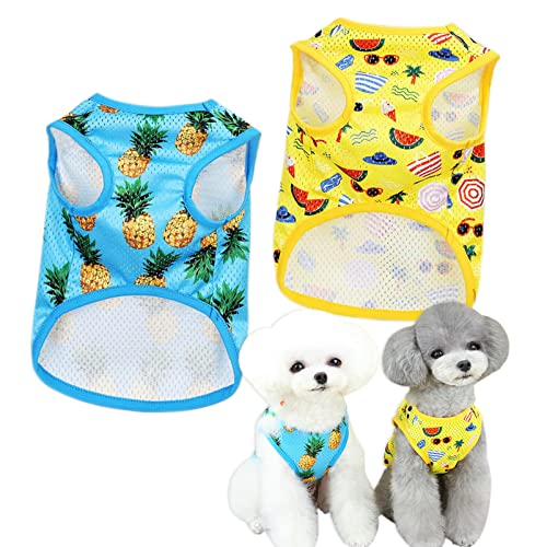 JOUHOI Hawaii-Hunde-Shirt, weich, ärmellos, Welpen-T-Shirt, cooles atmungsaktives Haustier-T-Shirt, Kleidung, Katzen-T-Shirts für Hunde, Katzen, 2er-Pack, Blau / Gelb / Groß von JOUHOI
