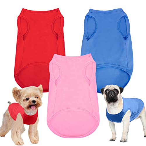 JOUHOI Solides Hunde-Shirt, weich, ärmellos, Welpen-T-Shirt, cool, atmungsaktiv, Haustier-T-Shirt, Kleidung, Katzen-T-Shirts für Hunde, Katzen, 3er-Pack, Blau / Rosa / Rot, Größe M von JOUHOI