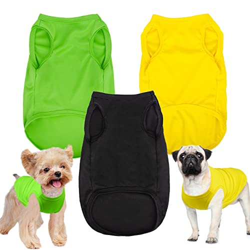 JOUHOI Solides Hunde-Shirt, weich, ärmellos, Welpen-T-Shirt, cooles atmungsaktives Haustier-T-Shirt, Kleidung, Katzen-T-Shirts für Hunde, Katzen, 3er-Pack, Schwarz, Grün, Gelb, Größe L von JOUHOI