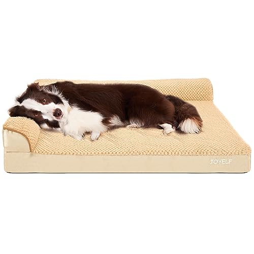 JOYELF Orthopädisches Hundebett für große Hunde, L-förmiges Schaumstoffsofa, wasserdichtes Nackenrollenbett mit abnehmbarem, waschbarem Bezug und rutschfestem Boden für Hunde - Khaki von JOYELF