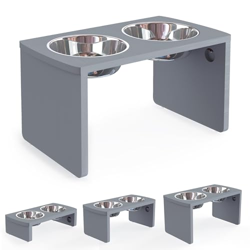 Erhöhte Hundenäpfe aus Bambus, erhöhter Hundenapf für große Hunde, mit 2 Edelstahlnäpfen (33 cm hoch, 1,9 l Napf, grau) von JOYOPAW
