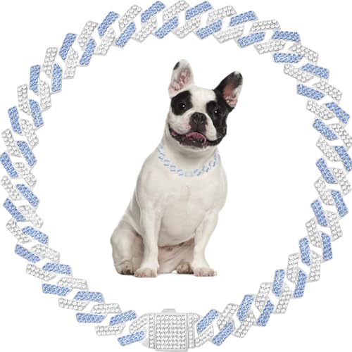 Blaues Hundehalsband, glitzernd, kubanische Glieder-Halskette, Strass-Diamant-Katzenkette, Mädchen, weiblich, Welpenhalsband für kleine, mittelgroße und große Haustiere, 40,6 cm Blaues Hundehalsband, glitzernd, kubanische Glieder-Halskette, Strass-Diamant-Katzenkette, Mädchen, weiblich, Welpenhalsband für kleine, mittelgroße und große Haustiere, 40,6 cm von JPOJPO